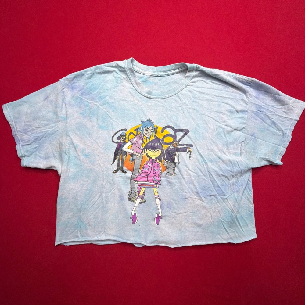 Gorillaz Graphic Band Tee Blue Tie Dye Cropped Raw Hem Streetwear Shirt Mens L